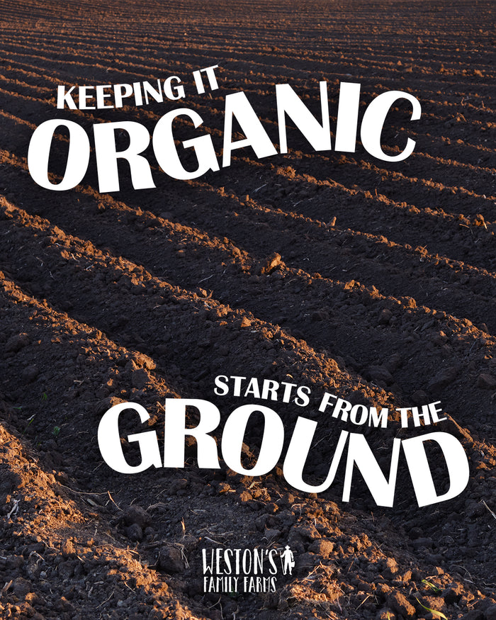 Farm soil with the tagline Keeping it Organic